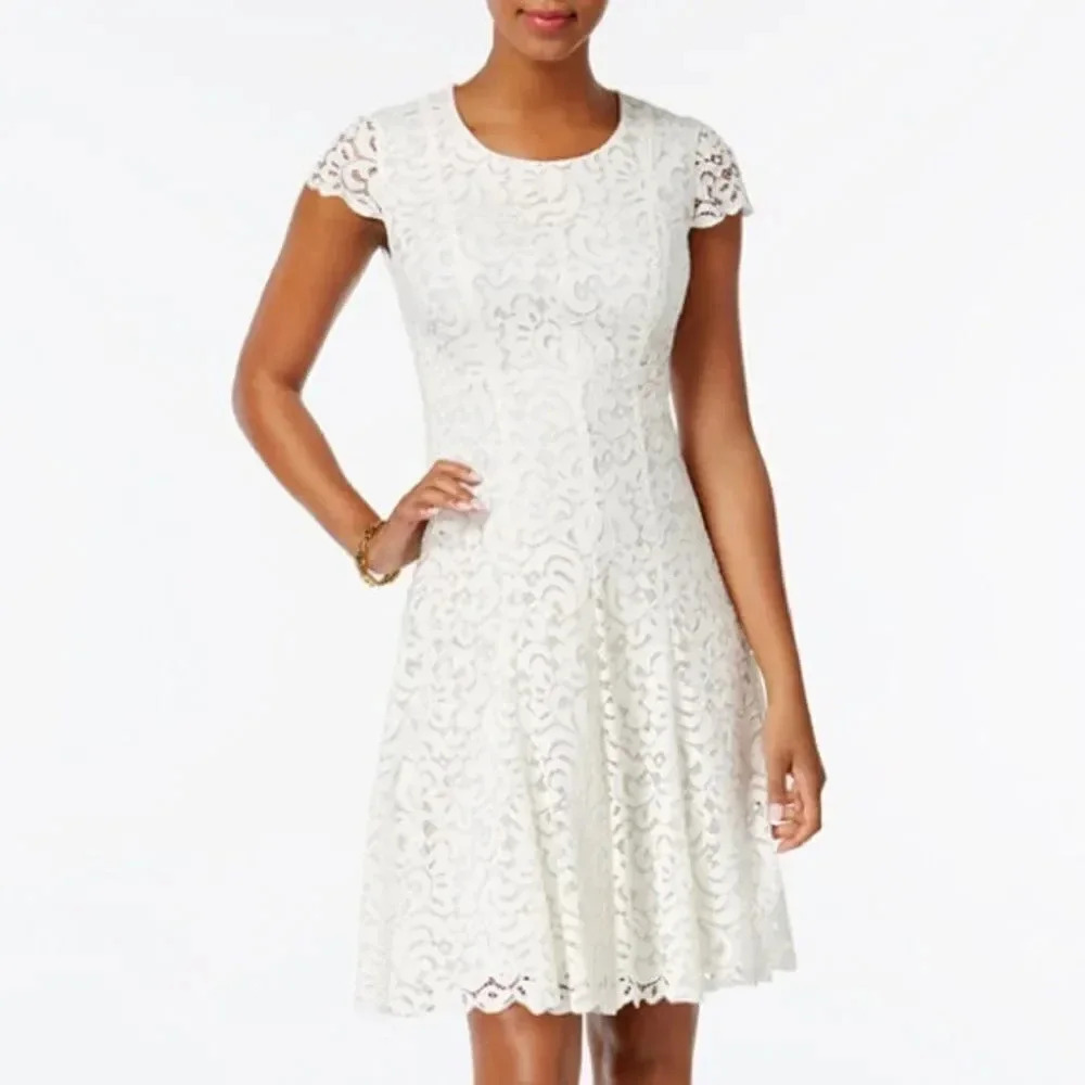 Tommy Hilfiger White Cream Lace Floral Fit Flare Dress Size 8